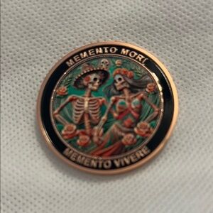 Two Sided Memento Mori Day of the Dead Skeleton Enamel Coin - Green & Rose Gold